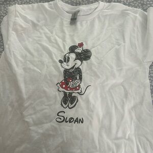 White Minnie, mouse, short sleeve T-shirt, personalized to say Sloan
